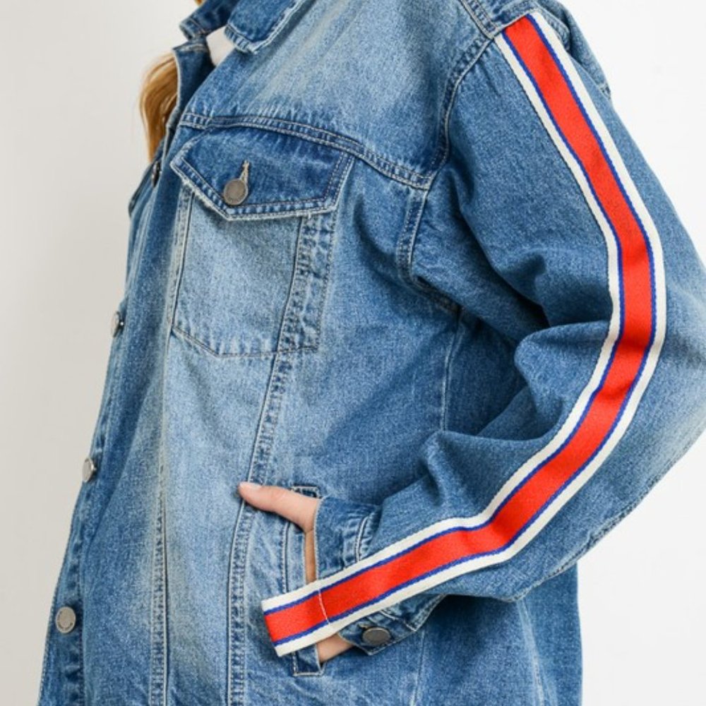 Stripe Sleeve Taped Detail Over-sized Jean Jacket - Picture 6 of 7